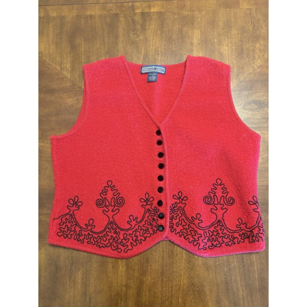 Herman Geist 100% Wool Red Button Front Vest Womens L Embroidered Detail Cottage